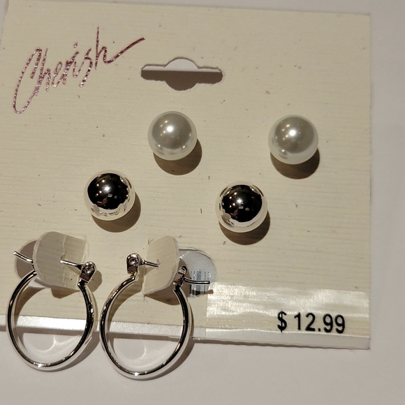 Cherish Silver Stud,Pearl and Mini Hoop Set Earrings - Picture 3 of 6